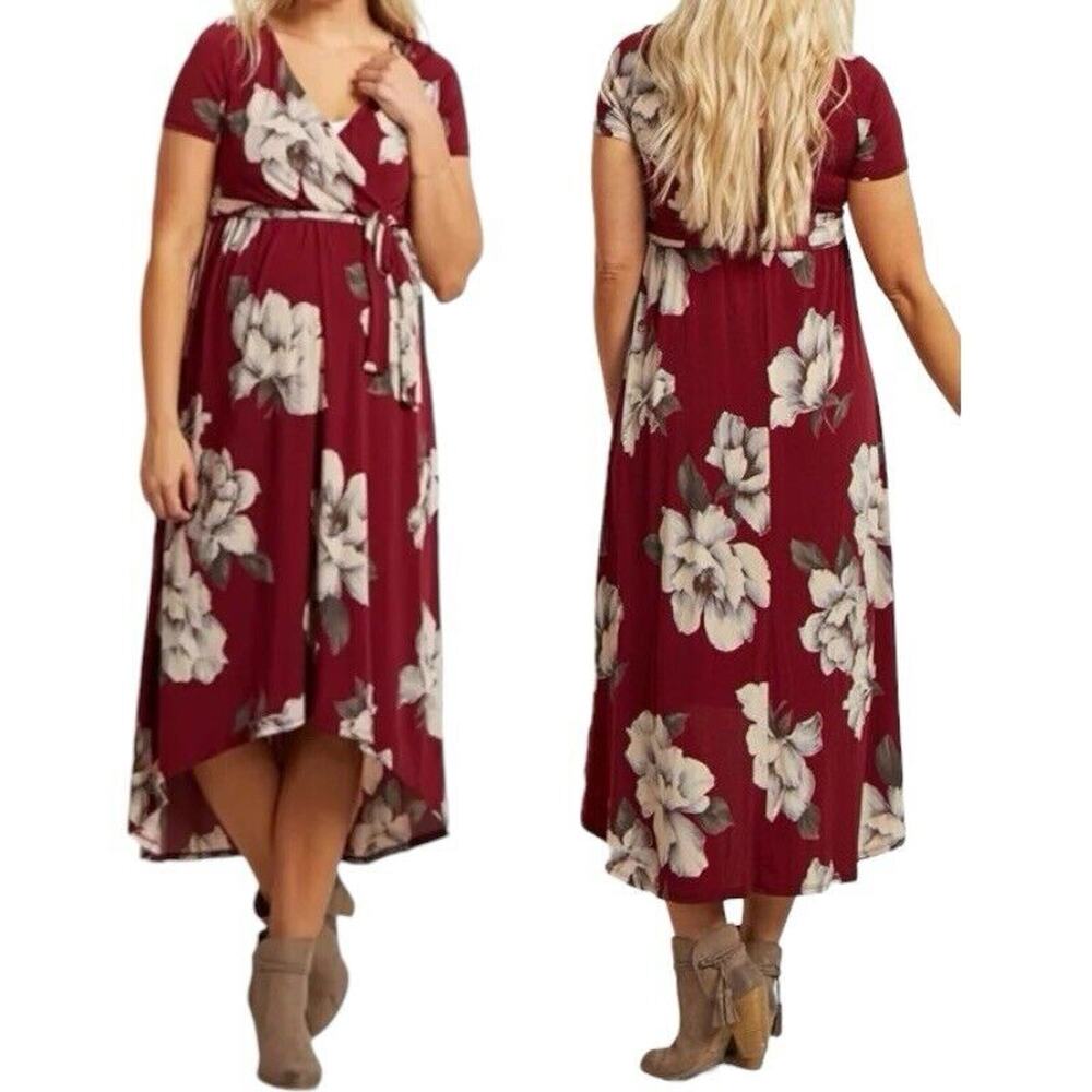 Floral High-Low Wrap Dress - Burgundy